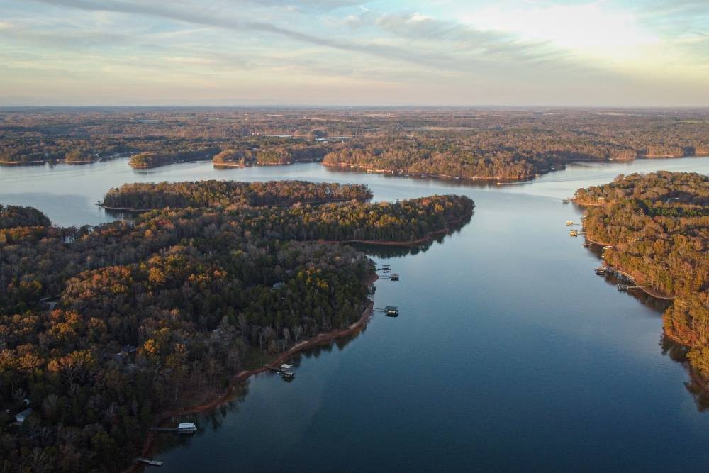 An aerial shot of Lake Hartwell near Hartwell, Georgia (GA)