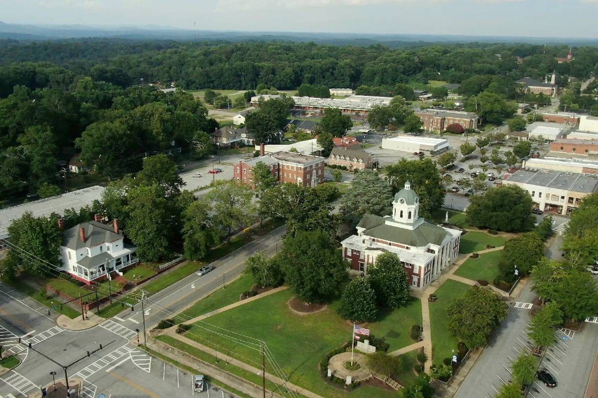 An aerial view of main street near Toccoa, Georgia (GA)