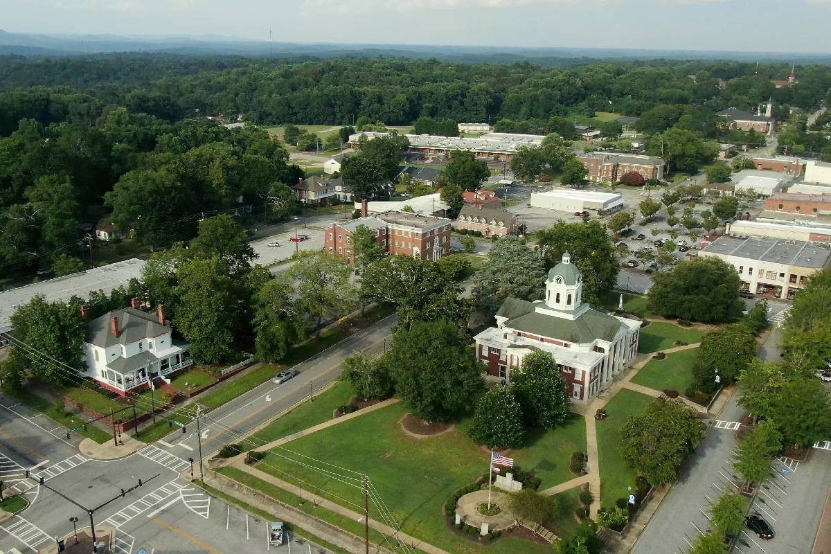 An aerial view of main street near Toccoa, Georgia (GA)